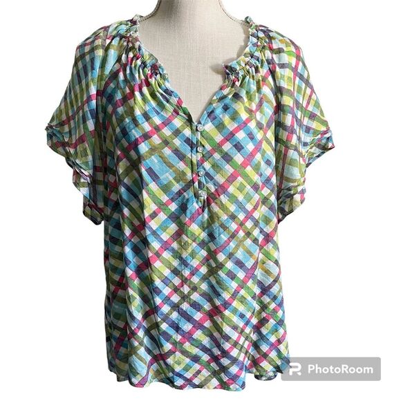 Zac & Rachel Checkered Lightweight Button Front Popover Blouse Women’s Size M - Picture 1 of 9